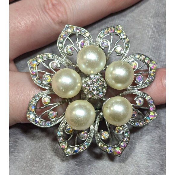 Whimsical Fairycore Floral AB Rhinestone Faux Pearl Stretch Ring SIze 9 - Picture 9 of 10